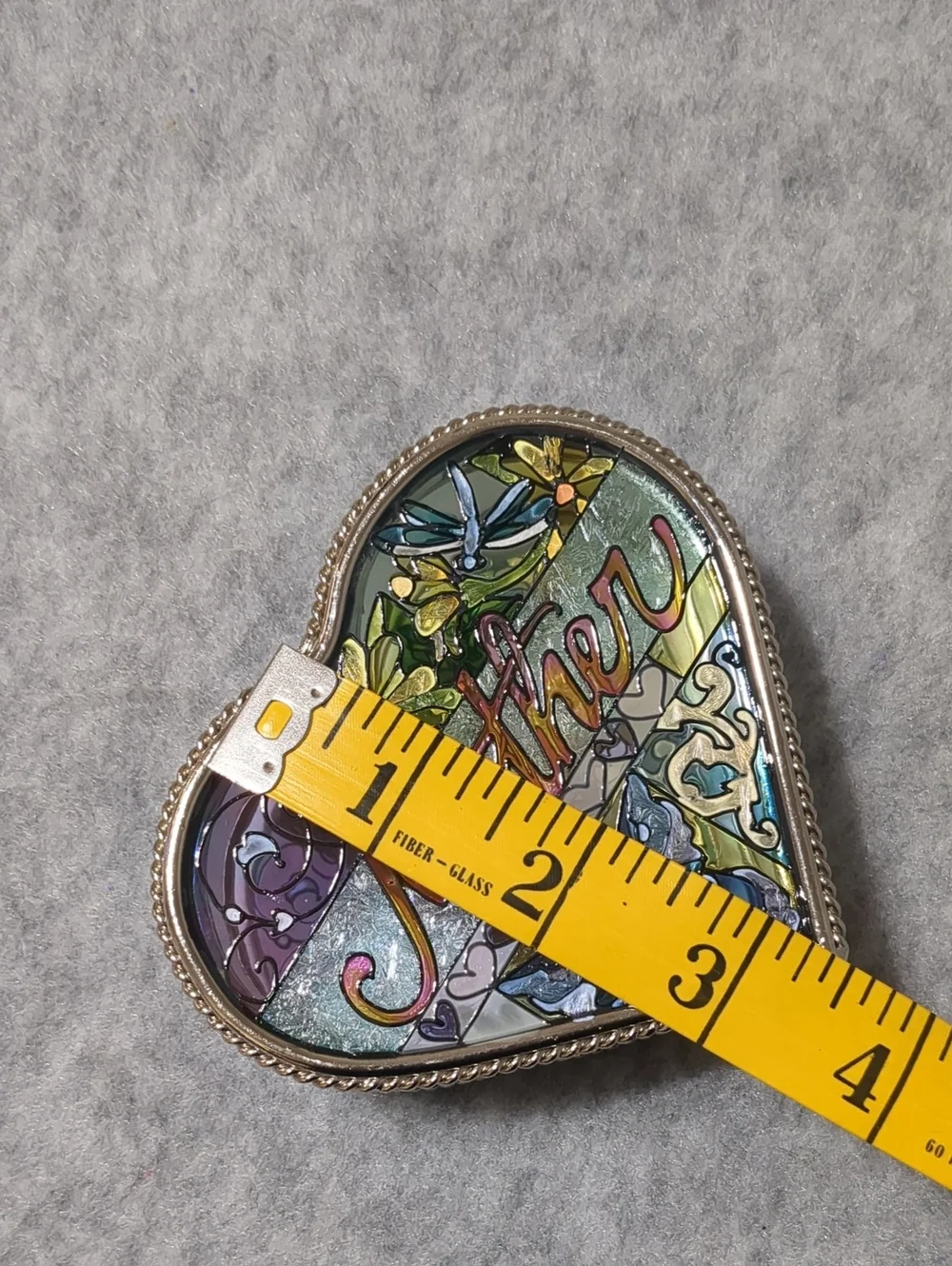 Amia Heart Shaped "Mother" Jewelry Trinket Box Hinged Hand Painted Stained Glass - Picture 8 of 9